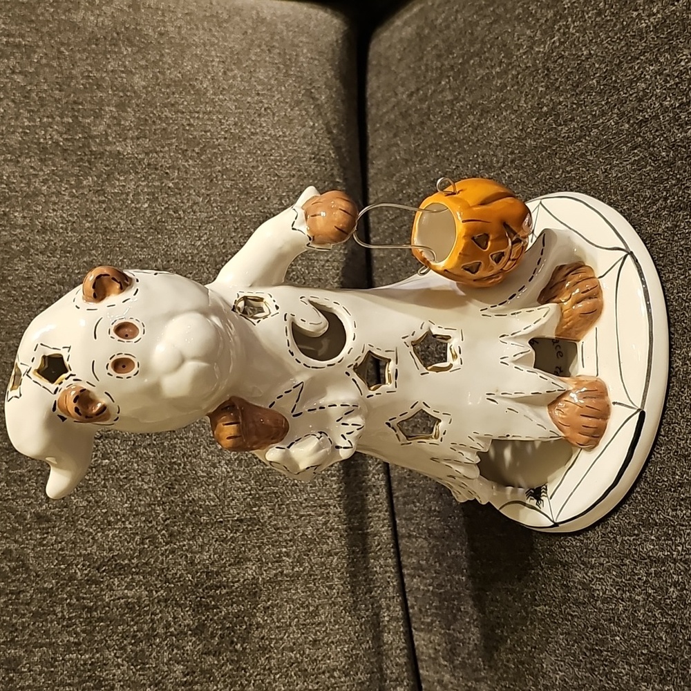 Blue Sky Heather Goldminc Ceramic Ghost Bear Figurine with Pumpkin